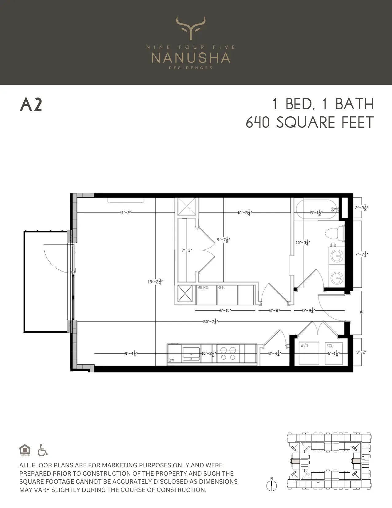 A2 floor plan, 1 Bed, 1 Bath, 640 sq ft