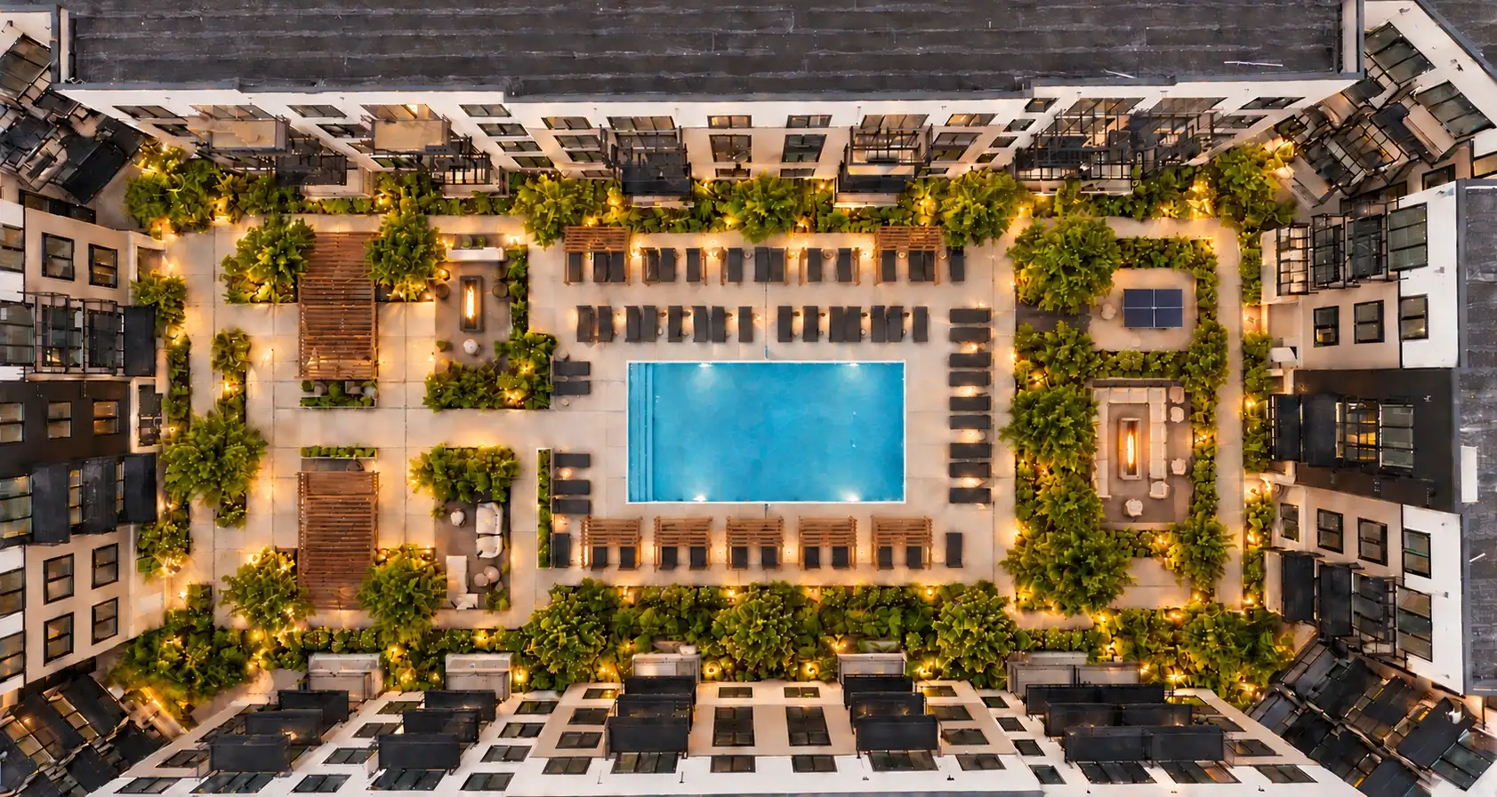 Rendering of the courtyard from above with the pool, cabanas, fire pit lounges and landscaping